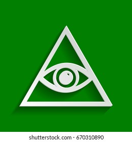 All seeing eye pyramid symbol. Freemason and spiritual. Vector. Paper whitish icon with soft shadow on green background.