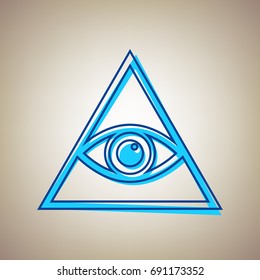 All seeing eye pyramid symbol. Freemason and spiritual. Vector. Sky blue icon with blue contour on beige background.