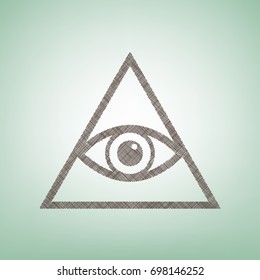 All seeing eye pyramid symbol. Freemason and spiritual. Vector. Brown flax icon on green background with light spot at the center.