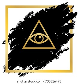 All seeing eye pyramid symbol. Freemason and spiritual. Vector. Golden icon at black spot inside golden frame on white background.