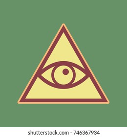 All seeing eye pyramid symbol. Freemason and spiritual. Vector. Cordovan icon and mellow apricot halo with light khaki filled space at russian green background.