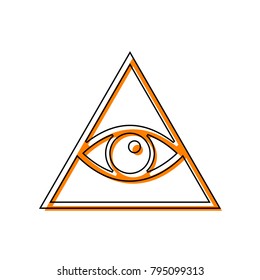 All seeing eye pyramid symbol. Freemason and spiritual. Vector. Black line icon with shifted flat orange filled icon on white background. Isolated.