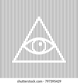 All seeing eye pyramid symbol. Freemason and spiritual. Vector. White icon on grayish striped background. Optical illusion.