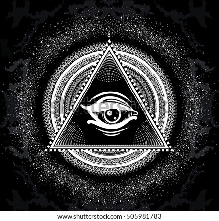 All seeing eye pyramid symbol. New World Order.Eye of Providence. Hand drawn detailed symbol of yoga. Boho chic.Mandala.Sketch for tattoo.
