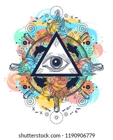 All seeing eye pyramid tattoo art watercolor splashes style. Freemason and spiritual symbols. Alchemy, medieval religion, occultism, spirituality and esoteric art. Magic eye t-shirt design 