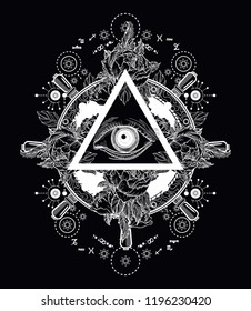 All seeing eye pyramid tattoo art. Freemason and spiritual symbols. Alchemy, medieval religion, occultism. Magic eye t-shirt design. Roses and the ship's helm 