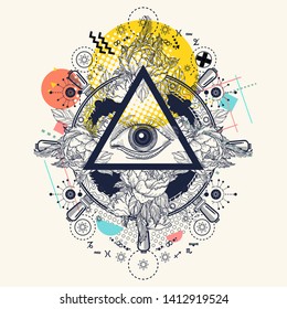 All seeing eye pyramid. Zine culture style. Hand drawn vector art, fashion contemporary collage. Freemason and spiritual symbols. Alchemy, medieval religion, occultism, spirituality and esoteric 