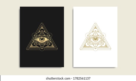 All seeing eye with sacred geometry, symbol of the Masons, eye and  gold logo, spiritual guidance tarot reader design. engraving, decorative illustration tattoo