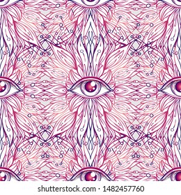 All seeing eye seamless pattern. Hand drawn vintage style background. Alchemy, spirituality, occultism, textiles art. Isolated vector illustration. Conspiracy theory.