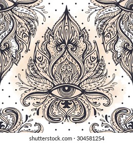 All seeing eye seamless pattern. Hand drawn vintage style pattern. Alchemy, spirituality, occultism, textiles art. Isolated vector illustration. Conspiracy theory.