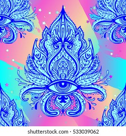 All seeing eye seamless pattern. Hand drawn vintage style background. Alchemy, spirituality, occultism, textiles art. Isolated vector illustration. Conspiracy theory.