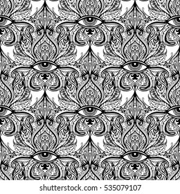 All seeing eye seamless pattern. Hand drawn vintage style background. Alchemy, spirituality, occultism, textiles art. Isolated vector illustration. Conspiracy theory.