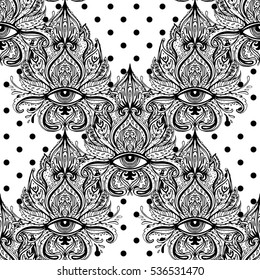 All seeing eye seamless pattern. Hand drawn vintage style background. Alchemy, spirituality, occultism, textiles art. Isolated vector illustration. Conspiracy theory.