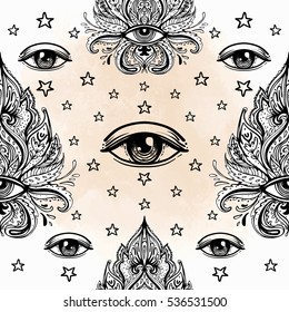 All seeing eye seamless pattern. Hand drawn vintage style background. Alchemy, spirituality, occultism, textiles art. Isolated vector illustration. Conspiracy theory.