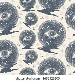 All seeing eye in space among stars. Seamless pattern. Packing old paper, scrapbooking style. Vintage background. Medieval manuscript, engraving art. Freemason and spiritual symbols 