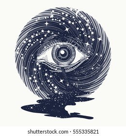 All Seeing Eye In Space Among Stars Tattoo Art Vector. Freemason And Spiritual Symbols. Spirituality And Esoteric Art. Magic Eye In Universe. Star River