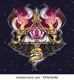 All seeing eye in space among stars tattoo art vector. Alchemy, occultism, spirituality and esoteric tattoo. Conspiracy theory tattoo art, pins, badges and stickers.