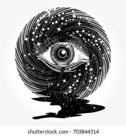 All seeing eye in space among stars tattoo vector. Star river. Freemason and spiritual symbols. Alchemy, occultism, spirituality and esoteric art 