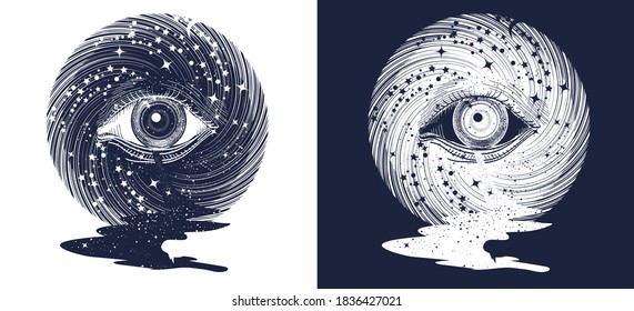 All seeing eye in space tattoo. Star river and universe. Freemason and spiritual symbols. Alchemy, occultism and esoteric t-shirt design. Black and white vector graphics