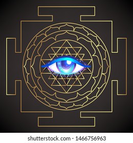 All seeing eye. Sri Yantra or Sri Chakra, form of mystical diagram, Shri Vidya school of Hindu tantra symbol. Sacred geometry vector design element. Vector illustration. Alchemy, occultism, spiritual