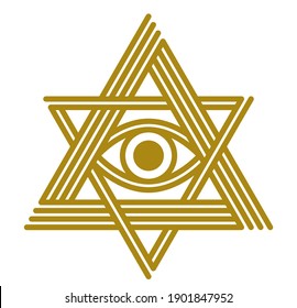 All seeing eye in star of David vector ancient symbol in modern linear style isolated on white, eye of god, masonic sign, secret knowledge illuminati.