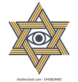 All seeing eye in star of David vector ancient symbol in modern linear style isolated on white, eye of god, masonic sign, secret knowledge illuminati.