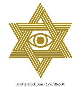 All seeing eye in star of David vector ancient symbol in modern linear style isolated on white, eye of god, masonic sign, secret knowledge illuminati.