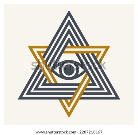 All seeing eye in star of David vector ancient symbol in modern linear style isolated on white, eye of god, masonic sign, secret knowledge illuminati.