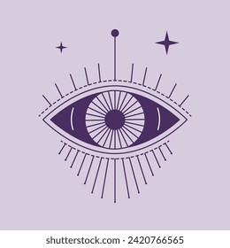 All seeing eye with stars. Protection, insight and spiritual vision. Occult and magical symbol of wisdom, knowledge and divine understanding. Sacred geometry and religion. Vector in flat style