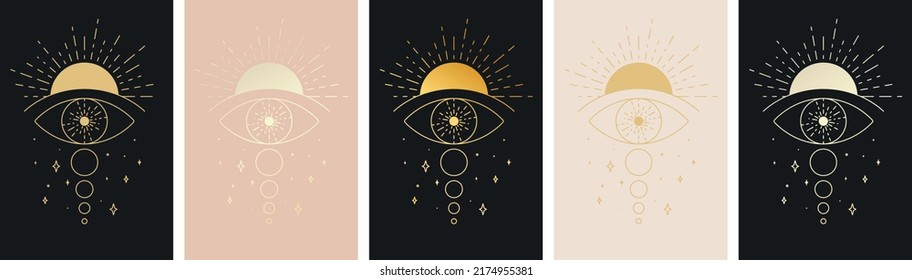 All seeing eye with sun and moon tattoo line icon set. Third eye symbol. Vector illustration