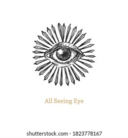 All seeing eye with sunburst. Eye of Providence vector illustration.  Sacred geometry symbol in engraving style. Vintage pastiche of Omniscience occult emblem and masonic sign.