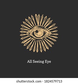 All Seeing Eye with sunburst. Eye of Providence vector illustration.  Sacred geometry symbol in engraving style. Vintage pastiche of Omniscience occult emblem and masonic sign.