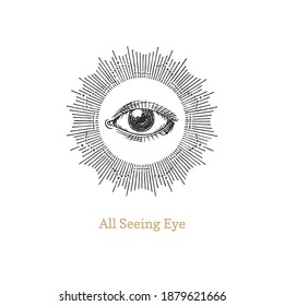 All seeing eye with sunburst. Eye of Providence vector illustration.  Sacred geometry symbol in engraving style. Vintage pastiche of Omniscience occult emblem and masonic sign.