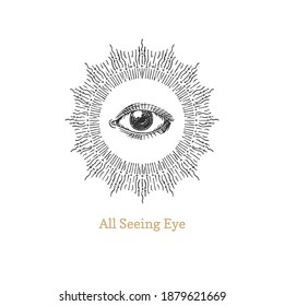 All seeing eye with sunburst. Eye of Providence vector illustration.  Sacred geometry symbol in engraving style. Vintage pastiche of Omniscience occult emblem and masonic sign.