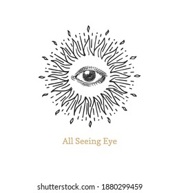 All seeing eye with sunburst. Eye of Providence vector illustration.  Sacred geometry symbol in engraving style. Vintage pastiche of Omniscience occult emblem and masonic sign.