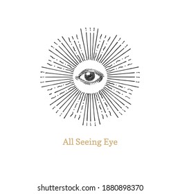 All seeing eye with sunburst. Eye of Providence vector illustration.  Sacred geometry symbol in engraving style. Vintage pastiche of Omniscience occult emblem and freemasonry sign.