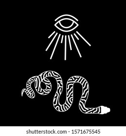All seeing eye symbol above the snake. Vision of Providence. Alchemy, religion, spirituality, occultism, tattoo art.