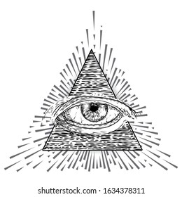 All seeing eye symbol element variation. Alchemy, religion, spirituality and occultism tattoo ink art. Vision of providence and conspiracy theory. Hand drawing in flash tattoo style artwork. Vector.