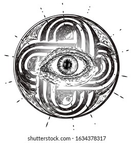 All seeing eye symbol element variation. Alchemy, religion, spirituality and occultism tattoo ink art. Vision of providence and conspiracy theory. Hand drawing in flash tattoo style artwork. Vector.