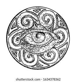 All seeing eye symbol element variation. Alchemy, religion, spirituality and occultism tattoo ink art. Vision of providence and conspiracy theory. Hand drawing in flash tattoo style artwork. Vector.