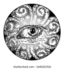 All seeing eye symbol element variation. Alchemy, religion, spirituality and occultism tattoo ink art. Vision of providence and conspiracy theory. Hand drawing in flash tattoo style artwork. Vector.