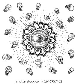 All seeing eye symbol element variation. Alchemy, religion, spirituality and occultism tattoo ink art. Vision of providence and conspiracy theory. Hand drawing in flash tattoo style artwork. Vector.