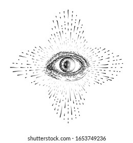 All seeing eye symbol element variation. Alchemy, religion, spirituality and occultism tattoo ink art. Vision of providence and conspiracy theory. Hand drawing in flash tattoo style artwork. Vector.