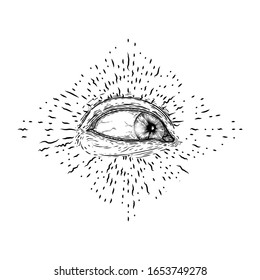 All seeing eye symbol element variation. Alchemy, religion, spirituality and occultism tattoo ink art. Vision of providence and conspiracy theory. Hand drawing in flash tattoo style artwork. Vector.