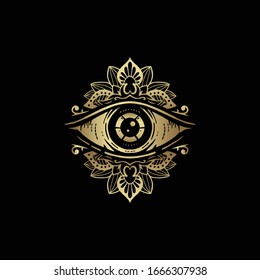 All seeing eye symbol with golden floral mandala ornament. Vision of Providence. Luxurious, alchemy, religion, spirituality, occultism, tattoo art, tarot reader. Isolated vector illustration .eps 10