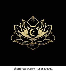 All seeing eye symbol with golden moon and lotus ornament. Vision of Providence. Luxurious, alchemy, religion, spirituality, occultism, tattoo art, tarot, yoga. Isolated vector illustration .eps 10