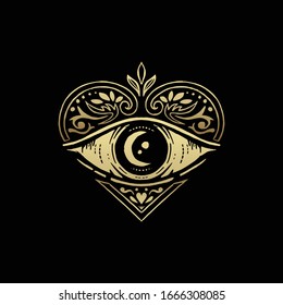 All seeing eye symbol with golden heart ornament. Vision of Providence. Luxurious, alchemy, religion, spirituality, occultism, tattoo art, tarot, yoga. Isolated vector illustration .eps 10