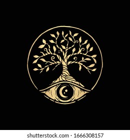 All seeing eye symbol with golden tree of life ornament. Vision of Providence. Luxurious, alchemy, religion, spirituality, occultism, tattoo art, tarot, yoga. Isolated vector illustration .eps 10