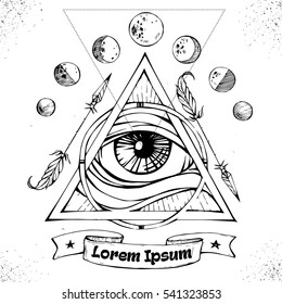  All seeing eye symbol inside triangle pyramid. Eye of Providence. Masonic symbol. Vintage background. Esoteric spiritual mascot. t-shirt design