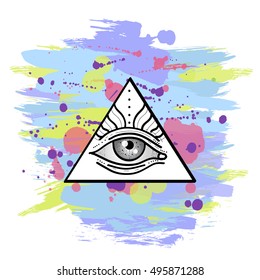 All seeing eye symbol. Occult, mystic, spiritual concept. Astrology, religion, esoteric. Poster design, t-shirt print. Vector illustration.